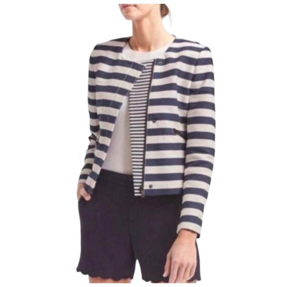 Banana Republic Navy & White striped woven moto zip jacket blazer womens 10
